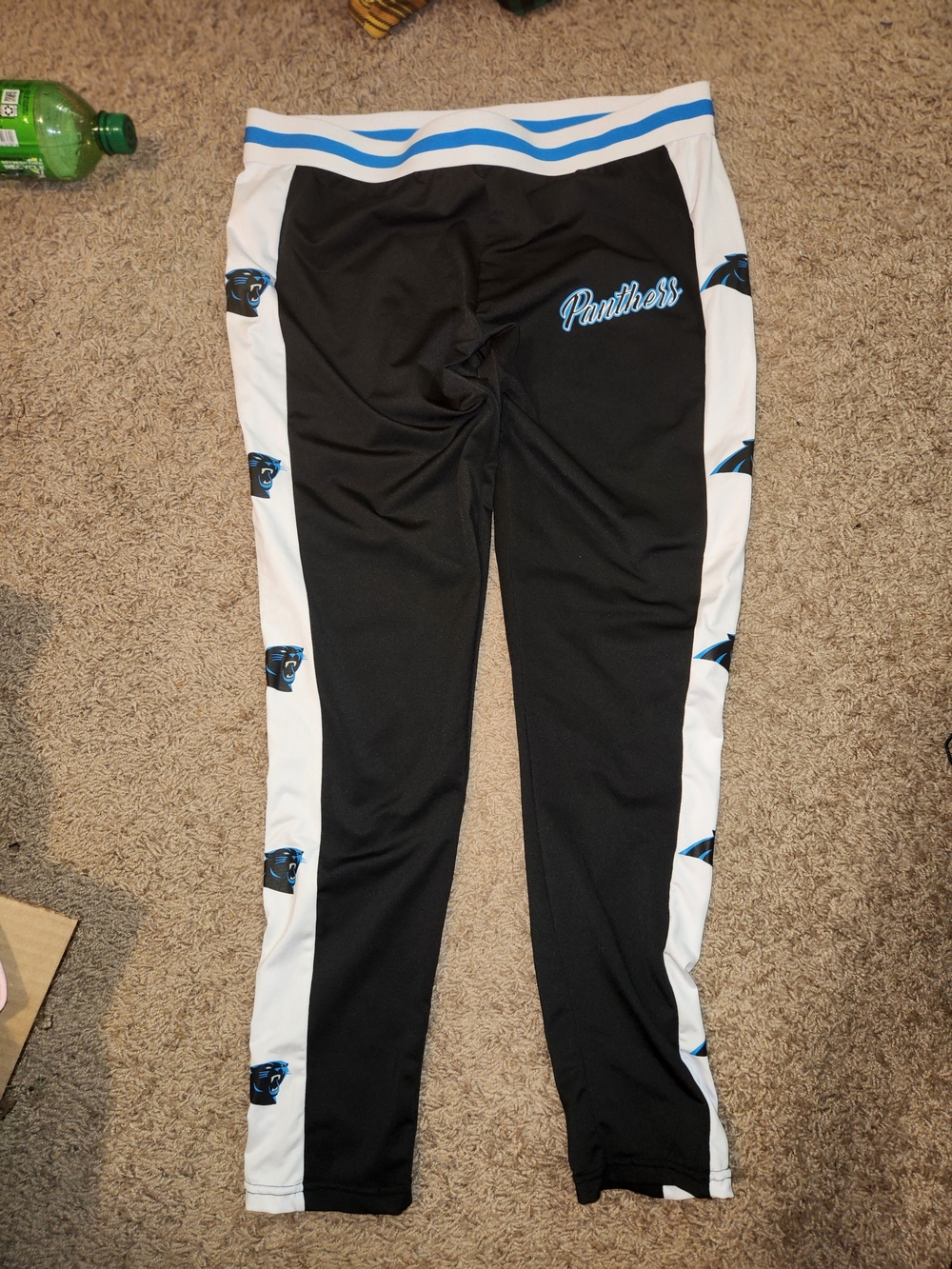 NFL Panthers Black Leggings with White Side Panels and Blue Waistband